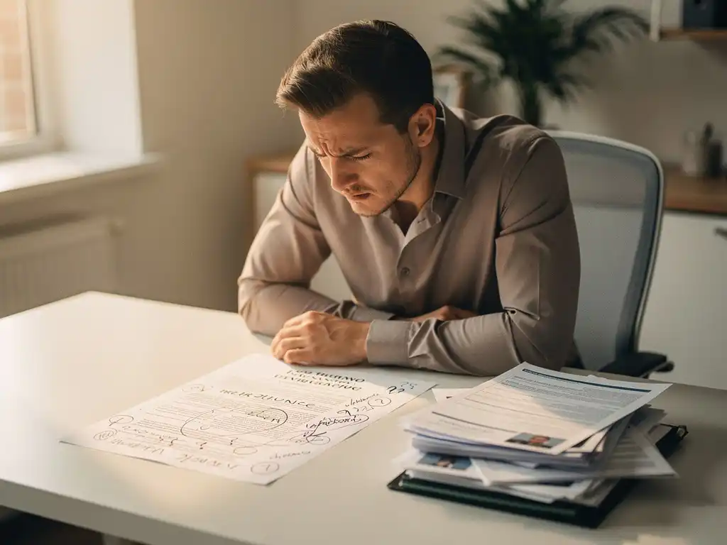 Gefrustreerde hiring manager aan modern bureau met aantekeningen op vacature en stapel niet-passende cv's in warm kantoor.