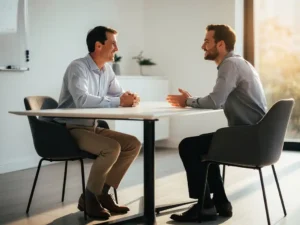 Professional in smart-casual kleding tijdens een sollicitatiegesprek in een licht modern kantoor, lege stoel op de achtergrond.