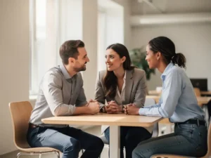 Drie diverse professionals in smart-casual kleding overleggen aan een lichte houten tafel in een luchtig kantoor, met een lege stoel op de achtergrond.