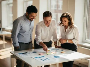 Drie collega's bespreken organigrammen en sticky notes bij een staand bureau in een licht modern kantoor in Amsterdam-stijl.