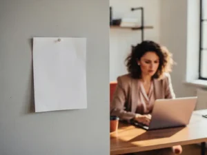 Vrouw aan houten bureau kijkt bezorgd naar laptop, met een vacature op de kantoorwand op de voorgrond.