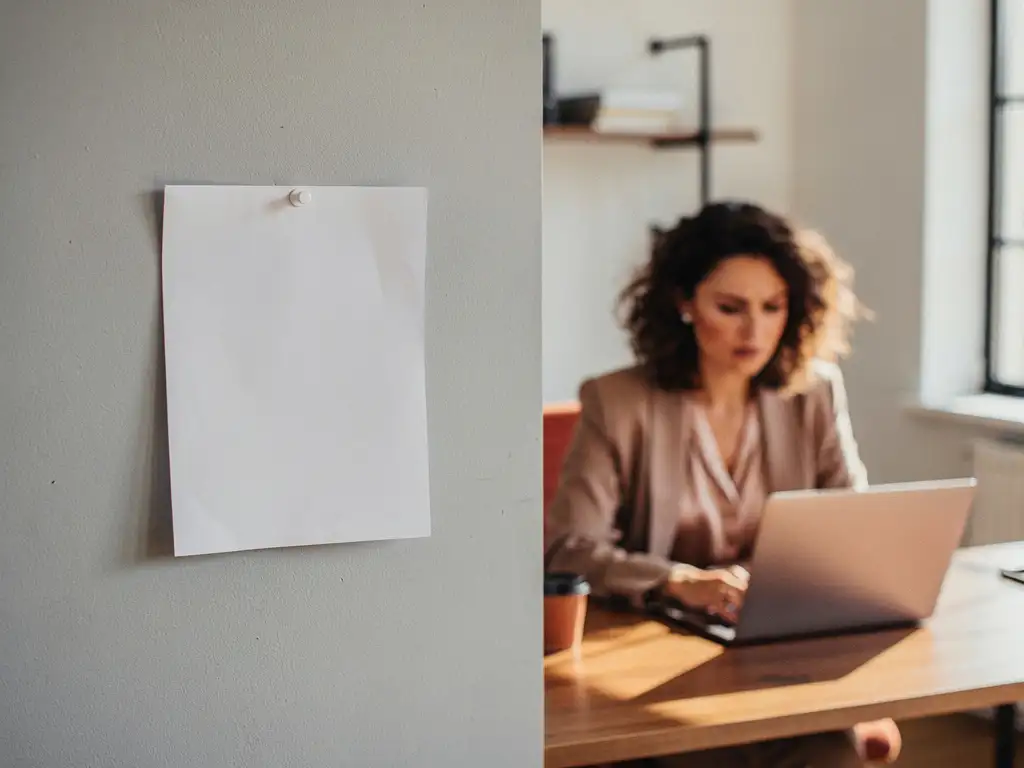 Vrouw aan houten bureau kijkt bezorgd naar laptop, met een vacature op de kantoorwand op de voorgrond.