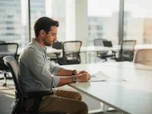 Kleine ondernemer aan modern bureau met lege werkplekken, kijkt peinzend naar een vacature-aanvraagformulier in licht kantoor.
