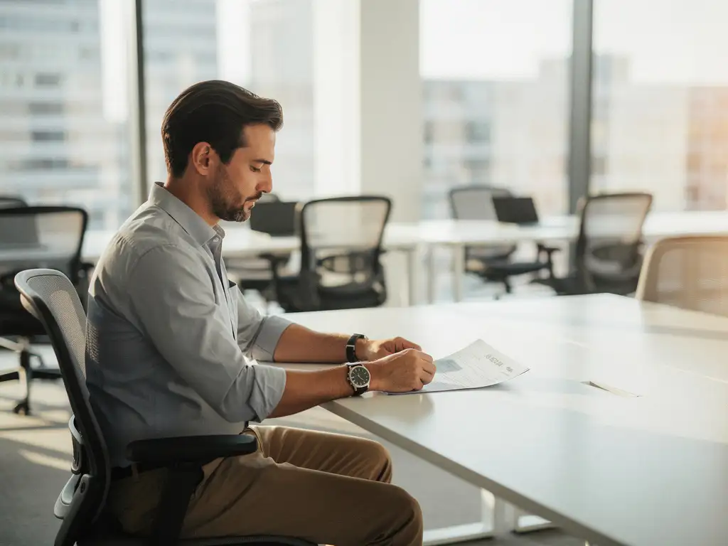 Kleine ondernemer aan modern bureau met lege werkplekken, kijkt peinzend naar een vacature-aanvraagformulier in licht kantoor.