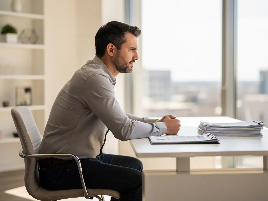 Professional in modern kantoor kijkt gefrustreerd naar lege stoel en ongelezen cv's op bureau, warm natuurlijk licht.