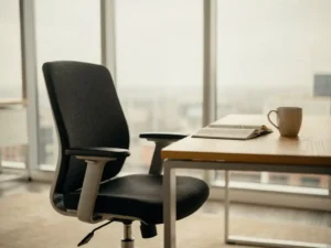 Leeg kantoorstoel die wegrijdt van een modern bureau met koffiekop en notitieboek, zacht natuurlijk licht door grote ramen.