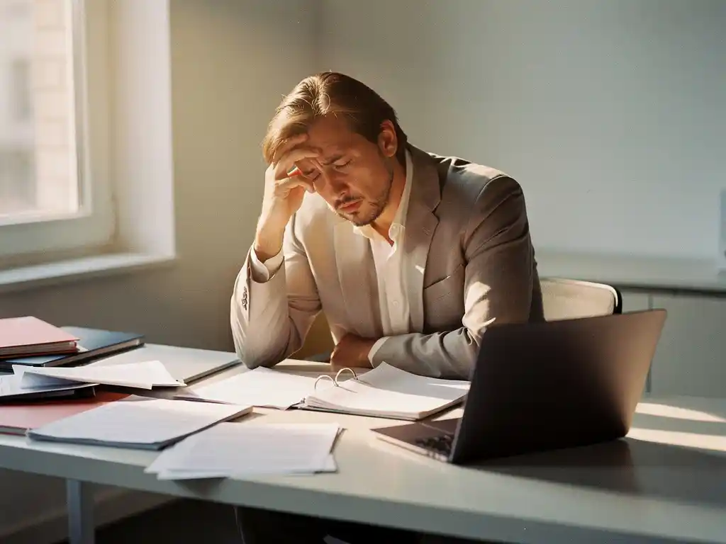 Vermoeide professional aan modern bureau, hoofd rustend in hand, omringd door verspreide papieren en laptop, warm natuurlijk licht.