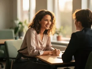 Vrouw met krullend haar in gesprek met collega aan houten bureau in licht modern kantoor.