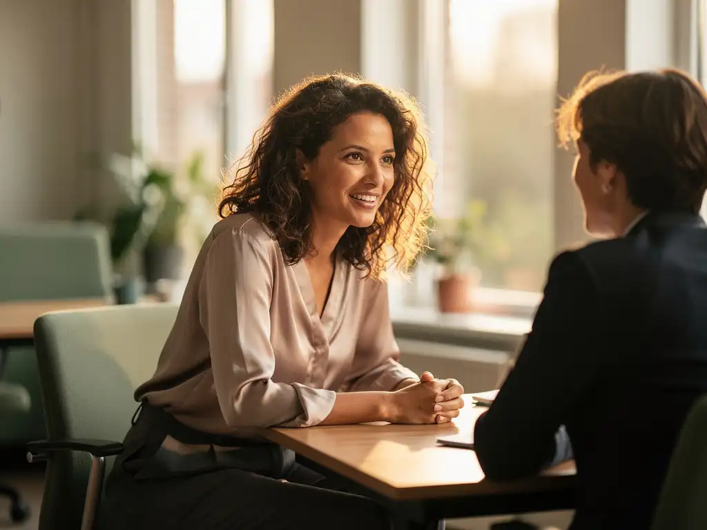 Vrouw met krullend haar in gesprek met collega aan houten bureau in licht modern kantoor.