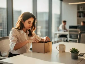 Professional pakt persoonlijke spullen in kartonnen doos op modern bureau, met koffiemok en succulent, warm natuurlijk licht.