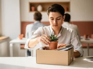 Jonge professional die een succulent in een verhuisdoos pakt bij het leegmaken van zijn bureau, kantooromgeving op de achtergrond.