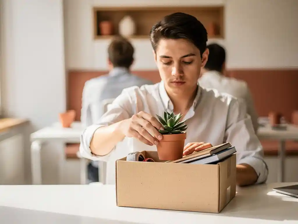 Jonge professional die een succulent in een verhuisdoos pakt bij het leegmaken van zijn bureau, kantooromgeving op de achtergrond.
