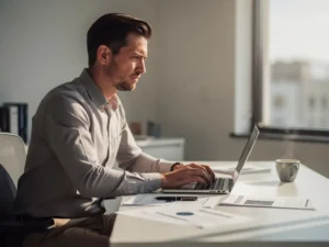 Professioneel in smart-casual kleding staart peinzend naar laptop aan modern bureau met recruitmentaantekeningen en koffiekop.
