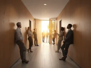 Diverse kandidaten lopen door een smal houten gangpad richting een lichtende deuropening, symbolisch voor een recruitmentfunnel.