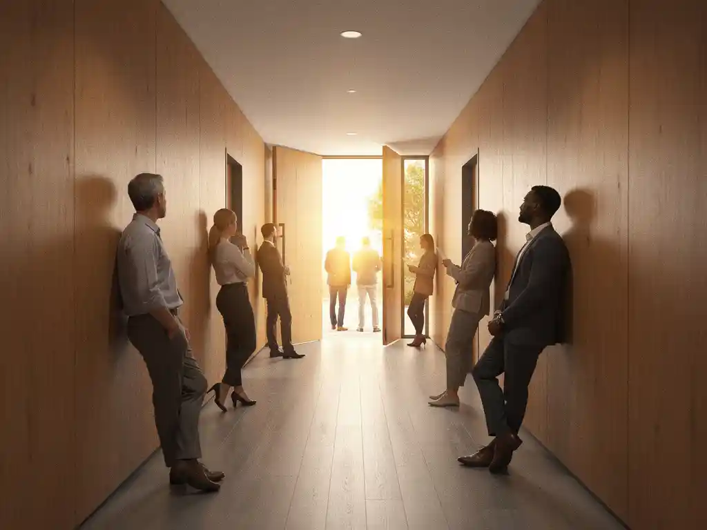 Diverse kandidaten lopen door een smal houten gangpad richting een lichtende deuropening, symbolisch voor een recruitmentfunnel.