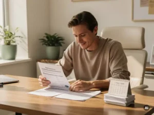 Hiring manager aan houten bureau bestudeert prestatierapporten en notities na één jaar evaluatie.