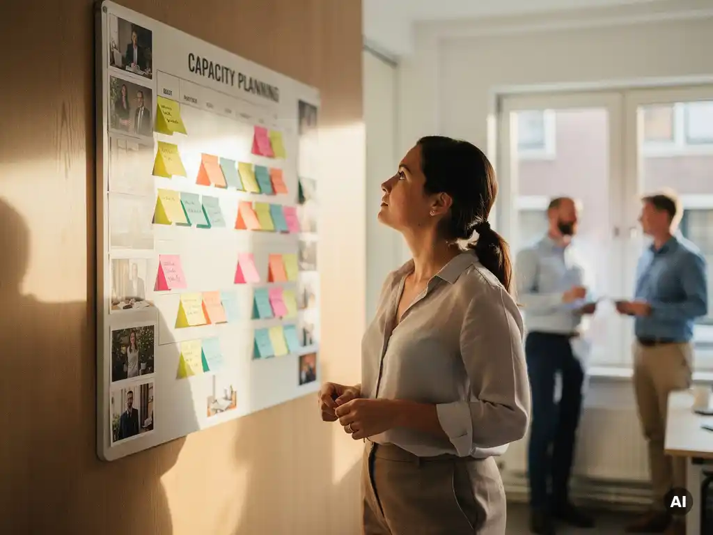 Recruitmentmanager bestudeert capaciteitsplanning op een whiteboard met sticky notes in modern Amsterdam kantoor.