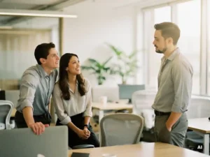 Drie collega's in gesprek in modern kantoor, één persoon staat iets apart, wat teamdisconnectie suggereert.
