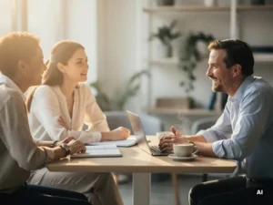 Externe recruiter in gesprek met twee collega's aan een tafel met notitieboeken en koffie in een licht modern kantoor.