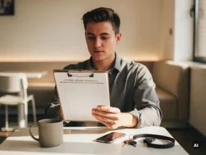 Jonge professional bekijkt flexibel werkrooster op klembord tijdens pauze in moderne kantineruimte.