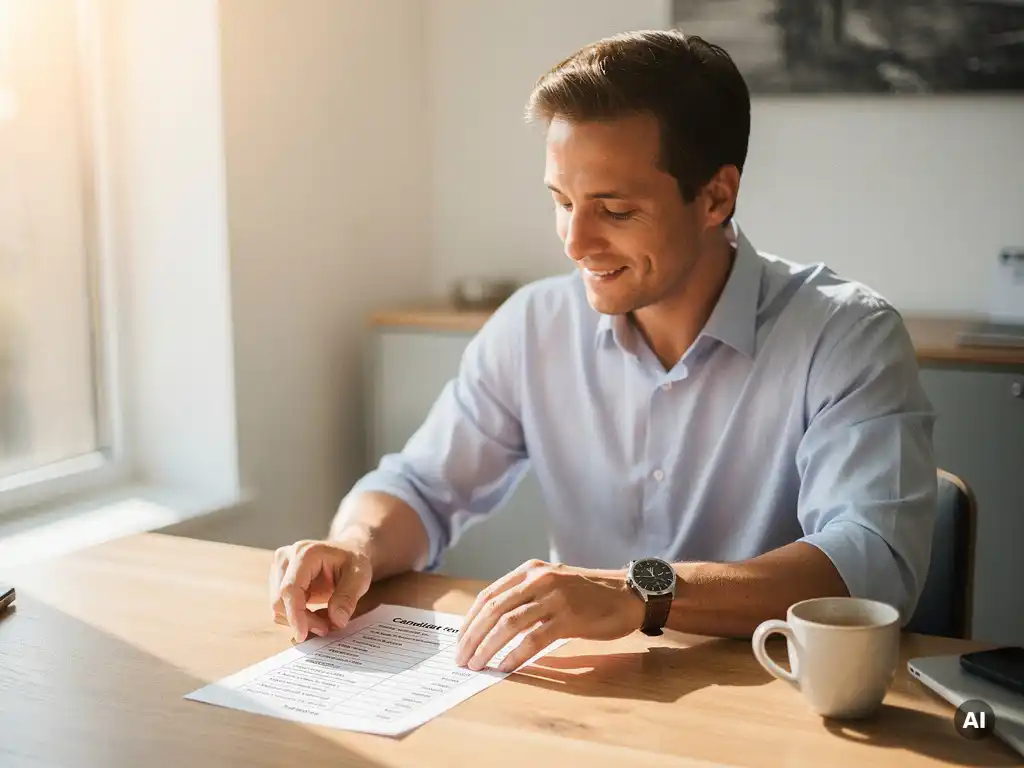 Hiring manager bekijkt horloge terwijl hij kandidatenlijst doorneemt aan houten bureau met koffie.