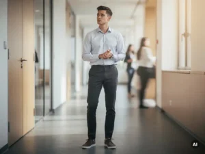 Jonge professional met peinzende blik in moderne kantoorgang, collega's onscherp op de achtergrond, warm natuurlijk licht.