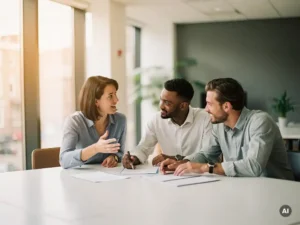 Drie collega's in smart-casual kleding bespreken documenten aan een vergadertafel in een modern Nederlands kantoor met groot raam.