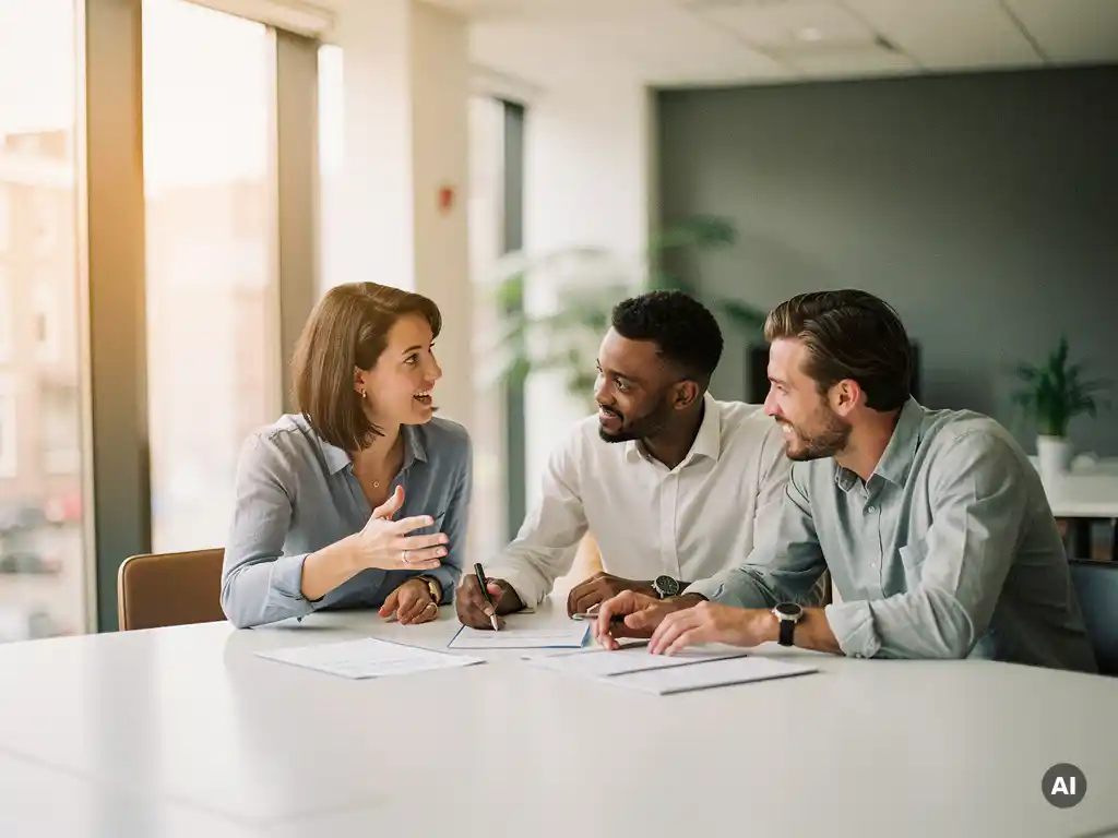 Drie collega's in smart-casual kleding bespreken documenten aan een vergadertafel in een modern Nederlands kantoor met groot raam.