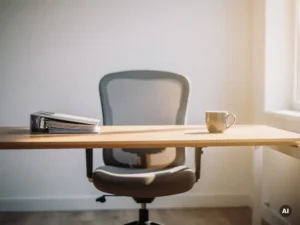 Lege moderne bureaustoel voor een opgeruimd bureau met mappen en koffiekop, warm natuurlijk licht, suggestie van een open vacature.
