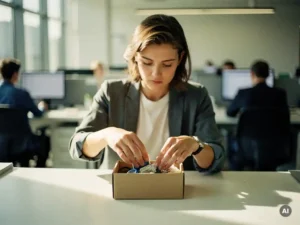 Jonge professional pakt persoonlijke spullen in kartonnen doos bij bureau, collega's op de achtergrond in modern kantoor.