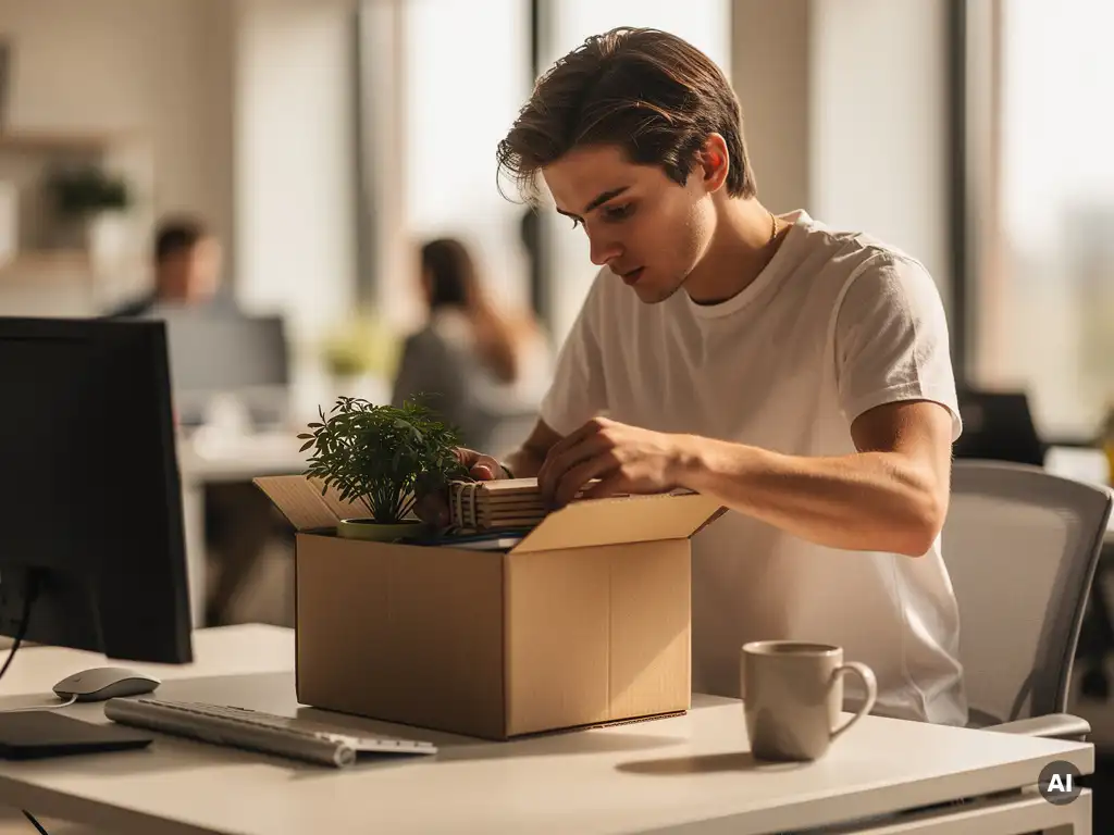 Jonge professional pakt persoonlijke spullen in een doos op een modern bureau, kalme uitdrukking, warm kantoordecor op de achtergrond.
