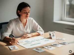 HR-professional bestudeert personeelsorganigram op licht eikenhouten bureau met omgekeerde medewerkerkaart, modern kantoor.