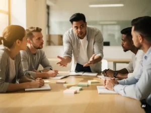 Collega presenteert idee aan sceptisch team rond lichte houten vergadertafel in modern kantoor met natuurlijk zijlicht.