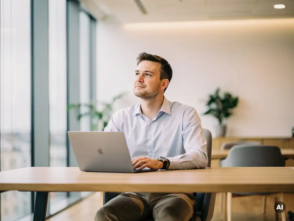 Professional kijkt ontspannen op van laptop in modern kantoor met natuurlijk licht en houten accenten.