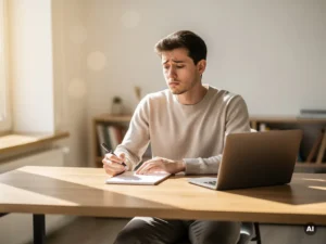 Jonge professional aan houten bureau met leeg notitieboek en laptop, peinzend in een lichte kantooromgeving.