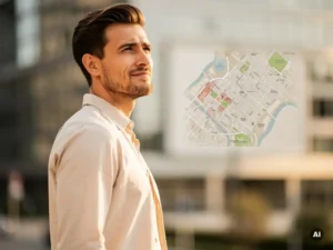 Zelfverzekerde professional in smart-casual kleding staat aan de rand van een moderne stadsbuurt, met een zachte bokeh van stedelijke architectuur op de achtergrond.