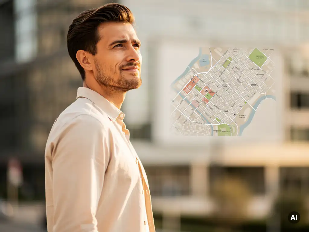 Zelfverzekerde professional in smart-casual kleding staat aan de rand van een moderne stadsbuurt, met een zachte bokeh van stedelijke architectuur op de achtergrond.