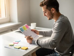 Recruiter bekijkt gestructureerd planningsdocument met sticky notes aan helder modern bureau in warm natuurlijk licht.