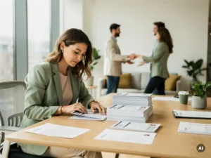 Recruiter in smart-casual kleding bekijkt een stapel cv's op een licht bureau, terwijl nieuwe collega's op de achtergrond worden verwelkomd.