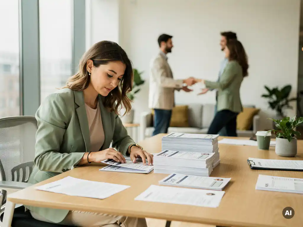 Recruiter in smart-casual kleding bekijkt een stapel cv's op een licht bureau, terwijl nieuwe collega's op de achtergrond worden verwelkomd.