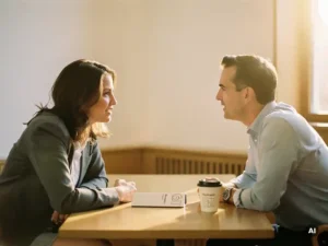 Recruiter en hiring manager in gesprek aan een houten tafel met notitieboek en koffie, warm kantoor met natuurlijk licht.