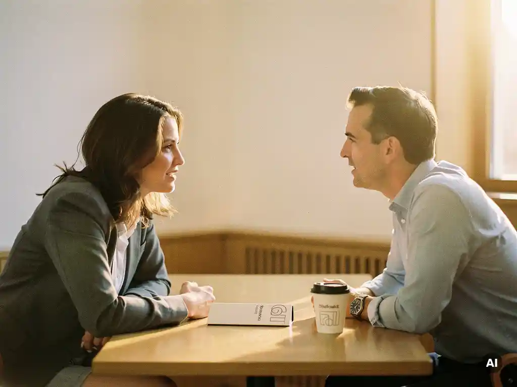 Recruiter en hiring manager in gesprek aan een houten tafel met notitieboek en koffie, warm kantoor met natuurlijk licht.
