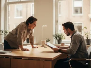 Recruiter en hiring manager in gesprek over kandidatendossier aan houten bureau in modern Amsterdams kantoor.