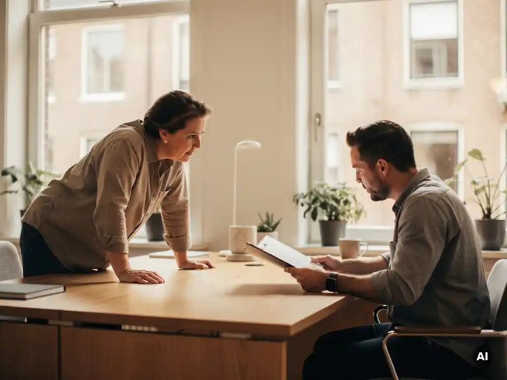 Recruiter en hiring manager in gesprek over kandidatendossier aan houten bureau in modern Amsterdams kantoor.