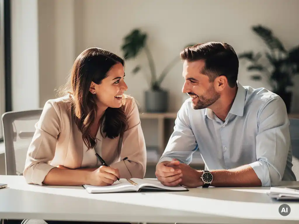 Recruiter en hiring manager bespreken samen een notitieboek aan een modern bureau in een licht kantoor.