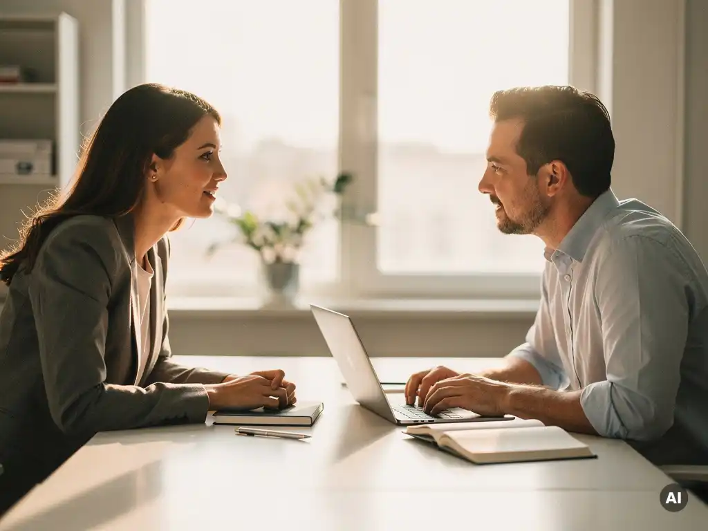 Recruiter en hiring manager in gesprek aan een opgeruimd bureau met laptop en notitieboeken, warm kantoorlicht op de achtergrond.