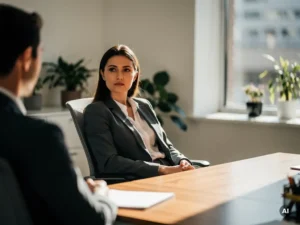 Recruiter leunt bedachtzaam achterover tijdens gesprek met kandidaat aan houten bureau in licht modern kantoor.