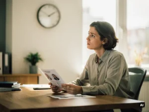 Recruiter bekijkt kandidaatprofiel aan houten bureau en kijkt bezorgd naar wandklok in licht modern kantoor.