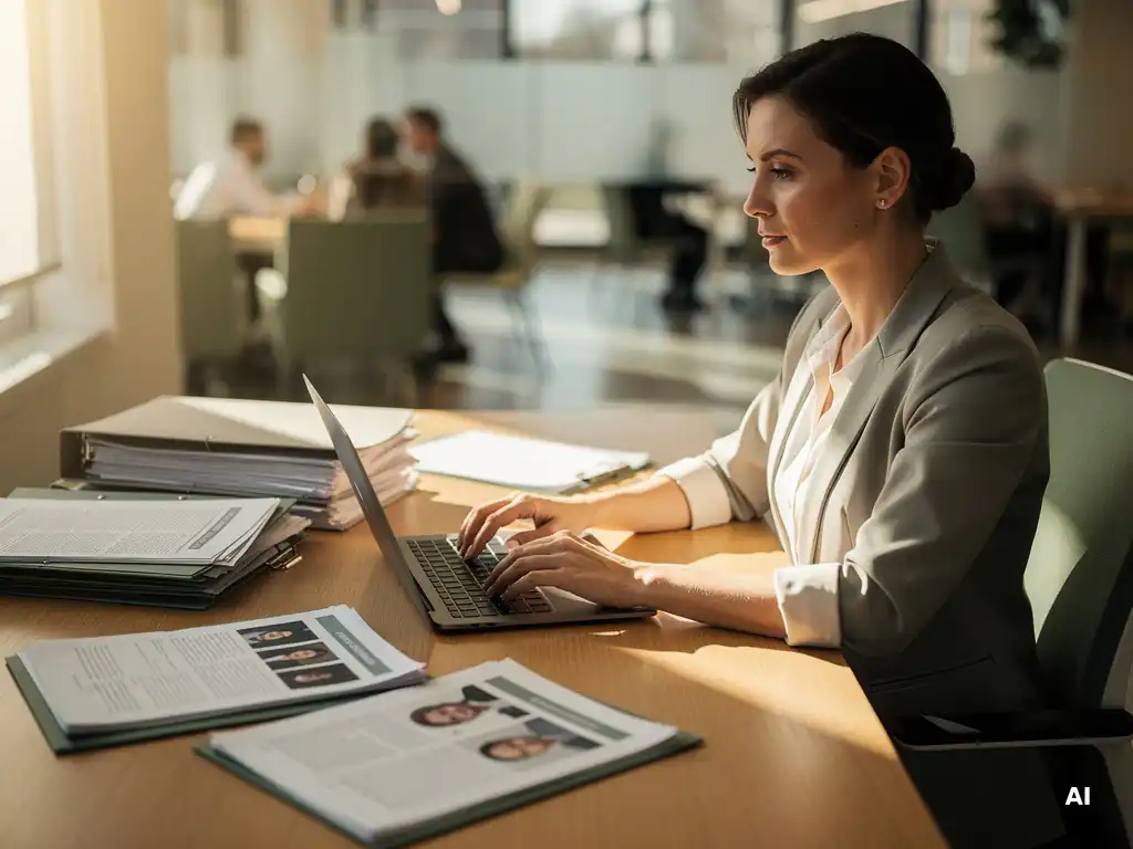 Recruiter aan licht eiken bureau met kandidaatprofielen en laptop, geconcentreerd werkend in modern kantoor met natuurlijk zijlicht.