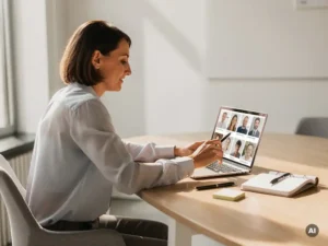 Recruiter bekijkt kandidaatprofielen op laptop aan een opgeruimd houten bureau met planner en sticky note.